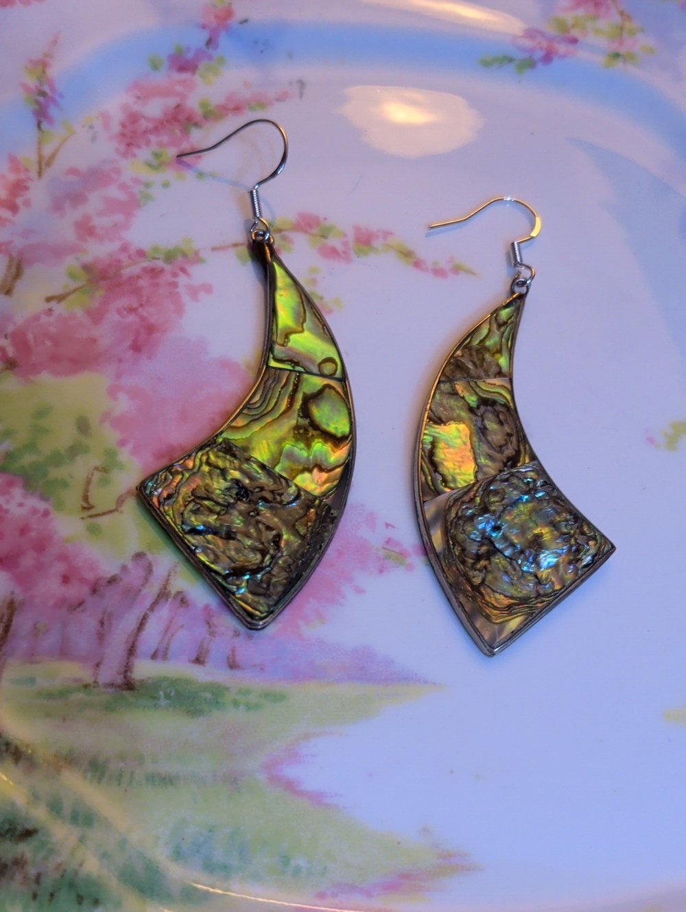 Iridescent Abalone Shell Mexico Alpaca Dangle Vintage Earrings New Silver Hooks